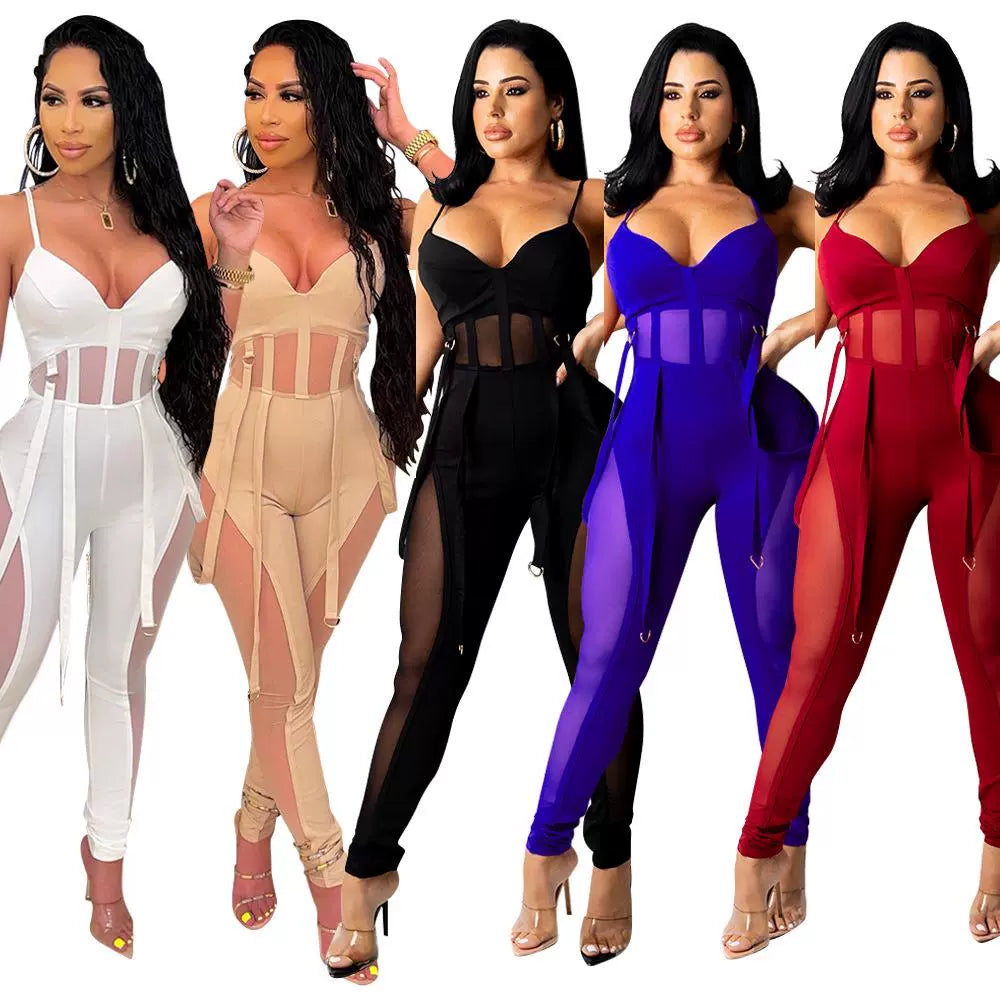 European and American Women's Clothing See-through Sexy Suspender Mesh Jumpsuit