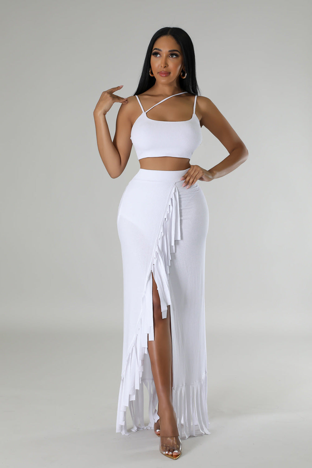 CM.YAYA Summer Women Sets Sleeveless Sexy Strap Crop Top and Tassel Long Skirt Sets Night Club Party Beach 2 Two Piece Sets