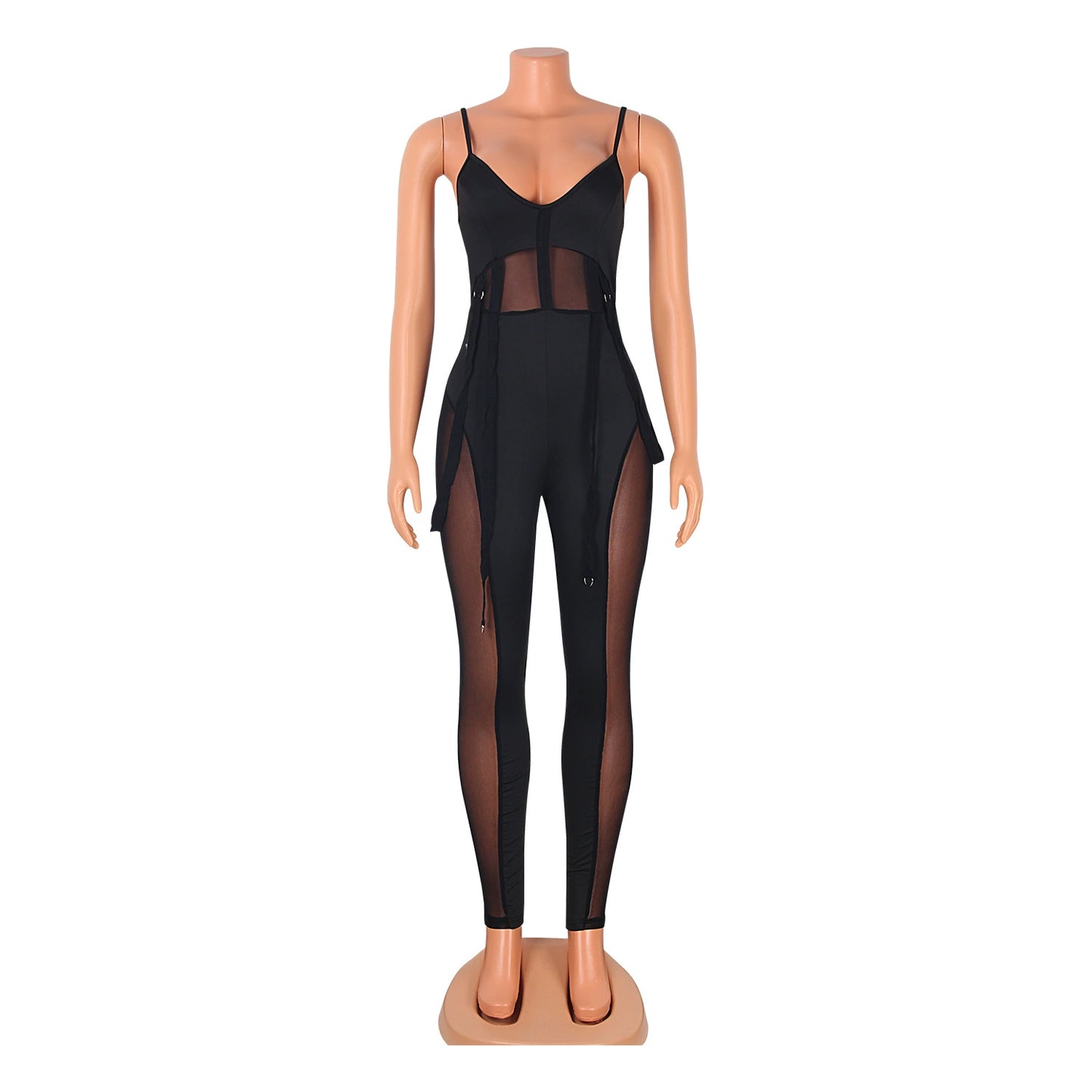 European and American Women's Clothing See-through Sexy Suspender Mesh Jumpsuit