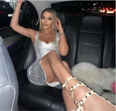 Europe and America Cross Border Model Sexy Low-Cut Buttock Cinched Sleeveless Bronzing Bandage One-Piece Dress Fashion Hot Party Packaging