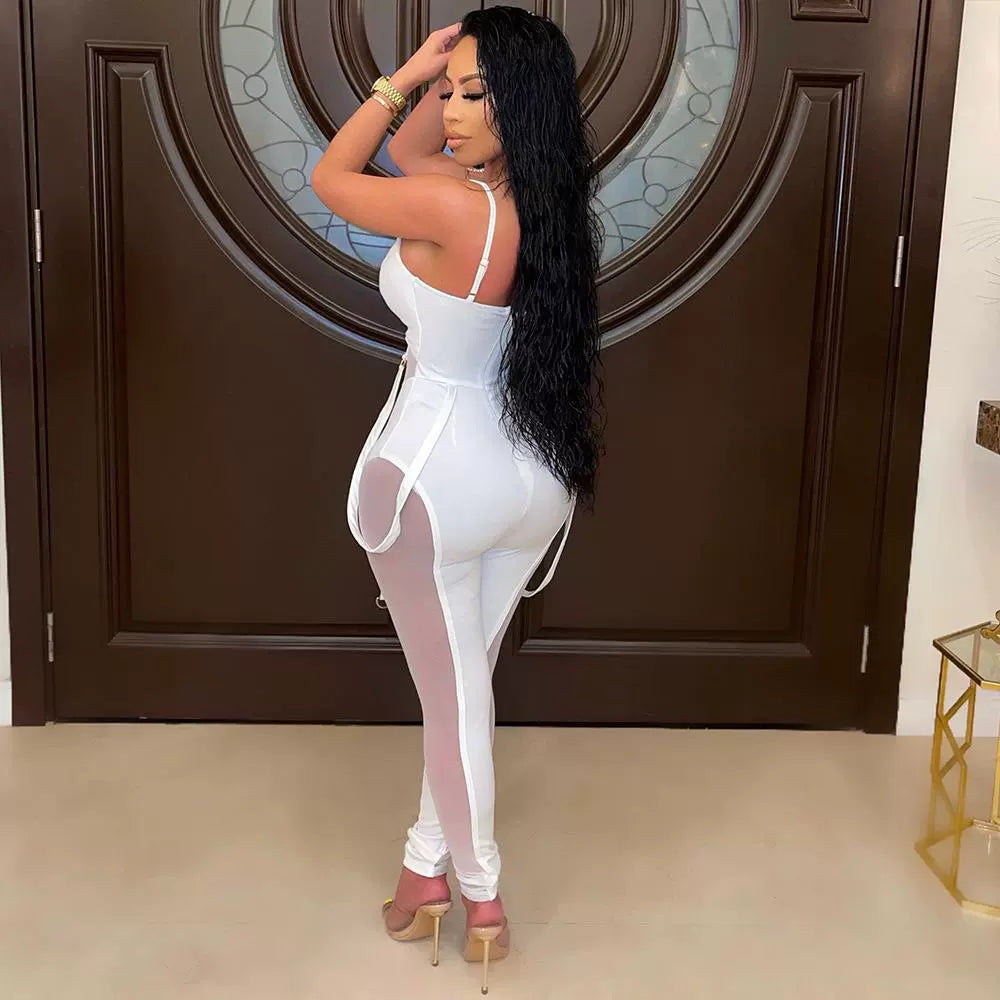 European and American Women's Clothing See-through Sexy Suspender Mesh Jumpsuit