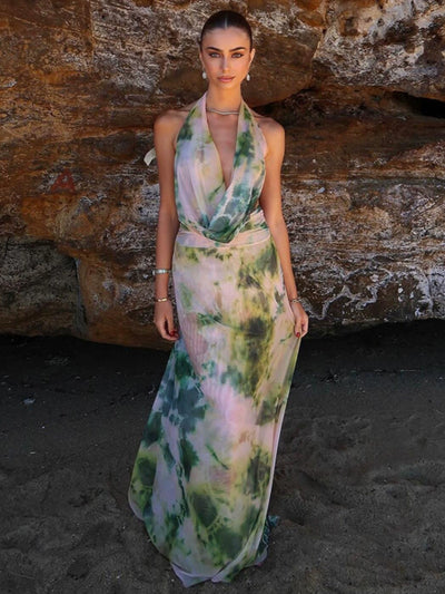 Sylcue Wizard of Oz Elegant Retro Tie-Dyed Fresh Print Deep V-neck Halter Dress Waist-Slimming Long Dress Summer