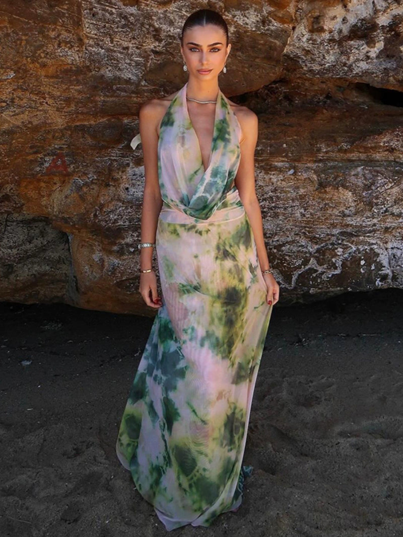 Sylcue Wizard of Oz Elegant Retro Tie-Dyed Fresh Print Deep V-neck Halter Dress Waist-Slimming Long Dress Summer