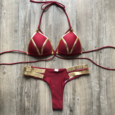 2023 New Arrival Nylon Triangle Bronzing Patchwork Bikini Lady Sexy Swimwear Swimsuit Export Bikini 8 Colors