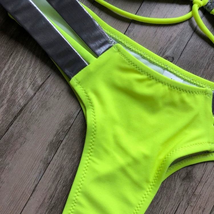 2023 New Arrival Nylon Triangle Bronzing Patchwork Bikini Lady Sexy Swimwear Swimsuit Export Bikini 8 Colors