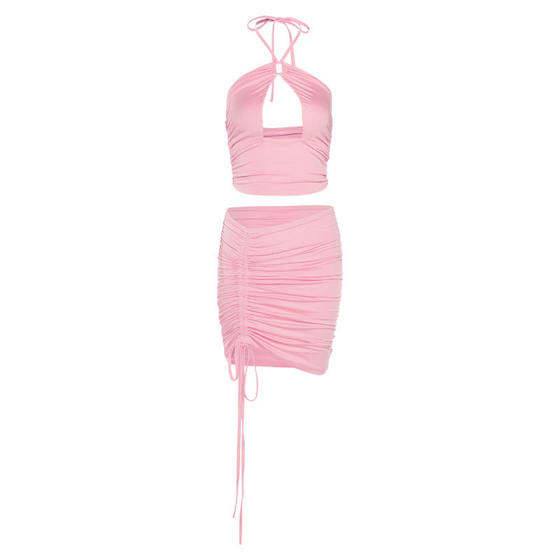 Women's Neck Hanging Hollow Strap Short Top Set Sexy Backless Sleeveless Tank Top and Short Skirt Casual Street Wear Club Party