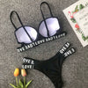 New Sexy Print English Letter Bikini with Steel Bracket Black Sports Separates Swimsuit Three-Point Red