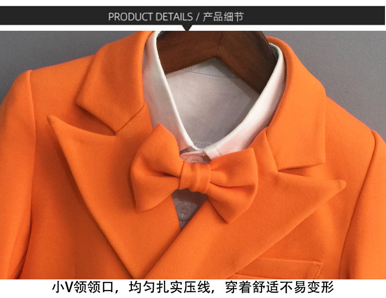 Boys Royal Blue Orange Suit For Wedding Kids Jacket Pants Bowtie Flower 4PCS Ceremony Tuxedo Dress Children Photograph Costume
