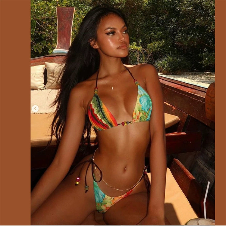 Weird Puss Hawaii Beach Vacation Style European and American Sexy Sexy Fashion Halter Bikini Suit Women