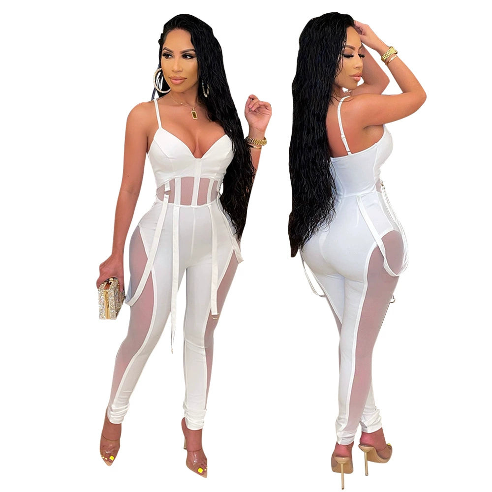 European and American Women's Clothing See-through Sexy Suspender Mesh Jumpsuit
