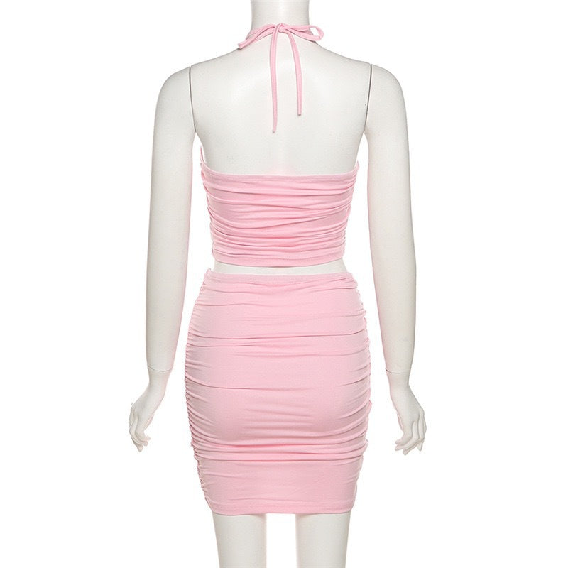 Women's Neck Hanging Hollow Strap Short Top Set Sexy Backless Sleeveless Tank Top and Short Skirt Casual Street Wear Club Party