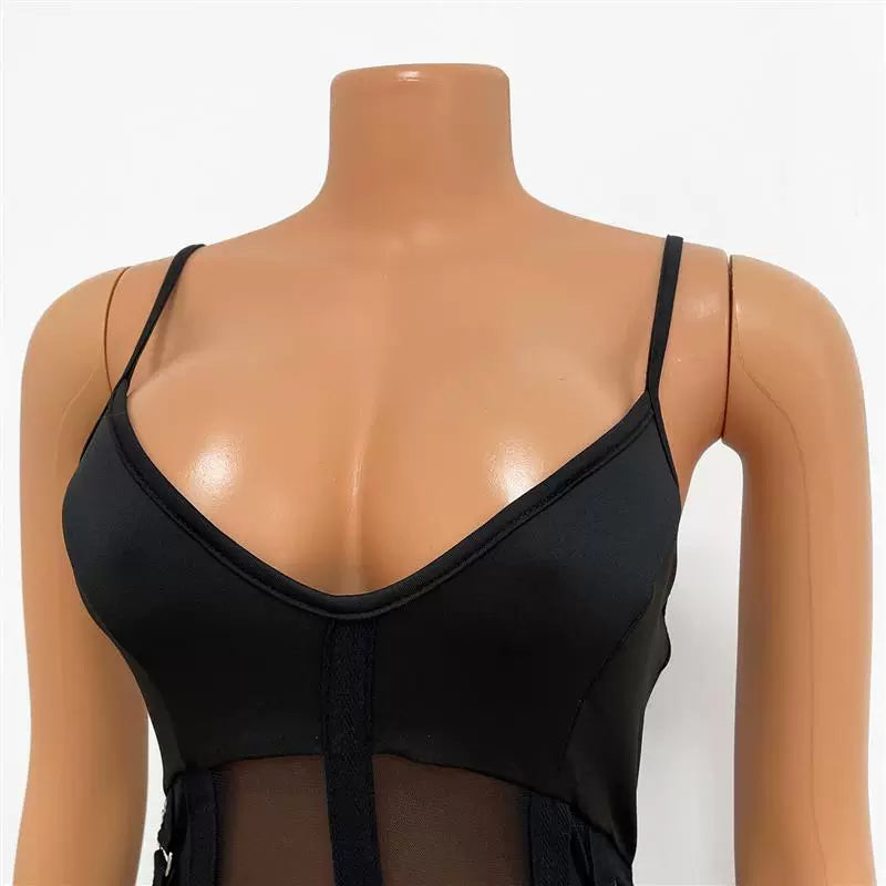 European and American Women's Clothing See-through Sexy Suspender Mesh Jumpsuit