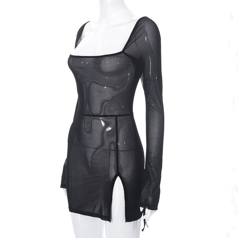 Transition Sexy Zone Black Sheer Mesh Sexy Temperament Split Long Dress Hot Spring Bikini Blouse Pure Desire Style