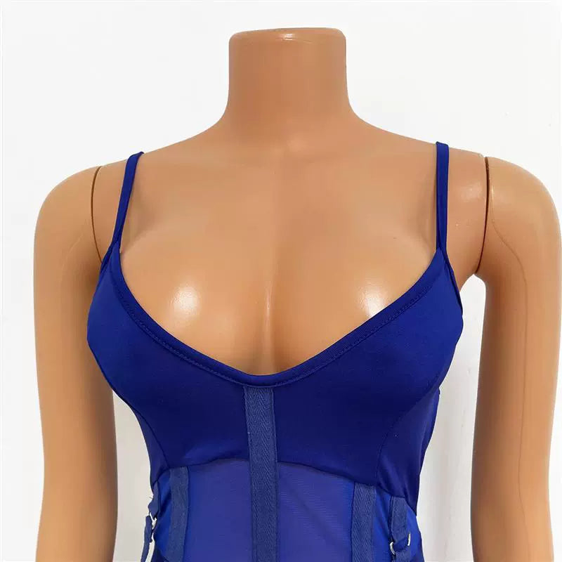 European and American Women's Clothing See-through Sexy Suspender Mesh Jumpsuit