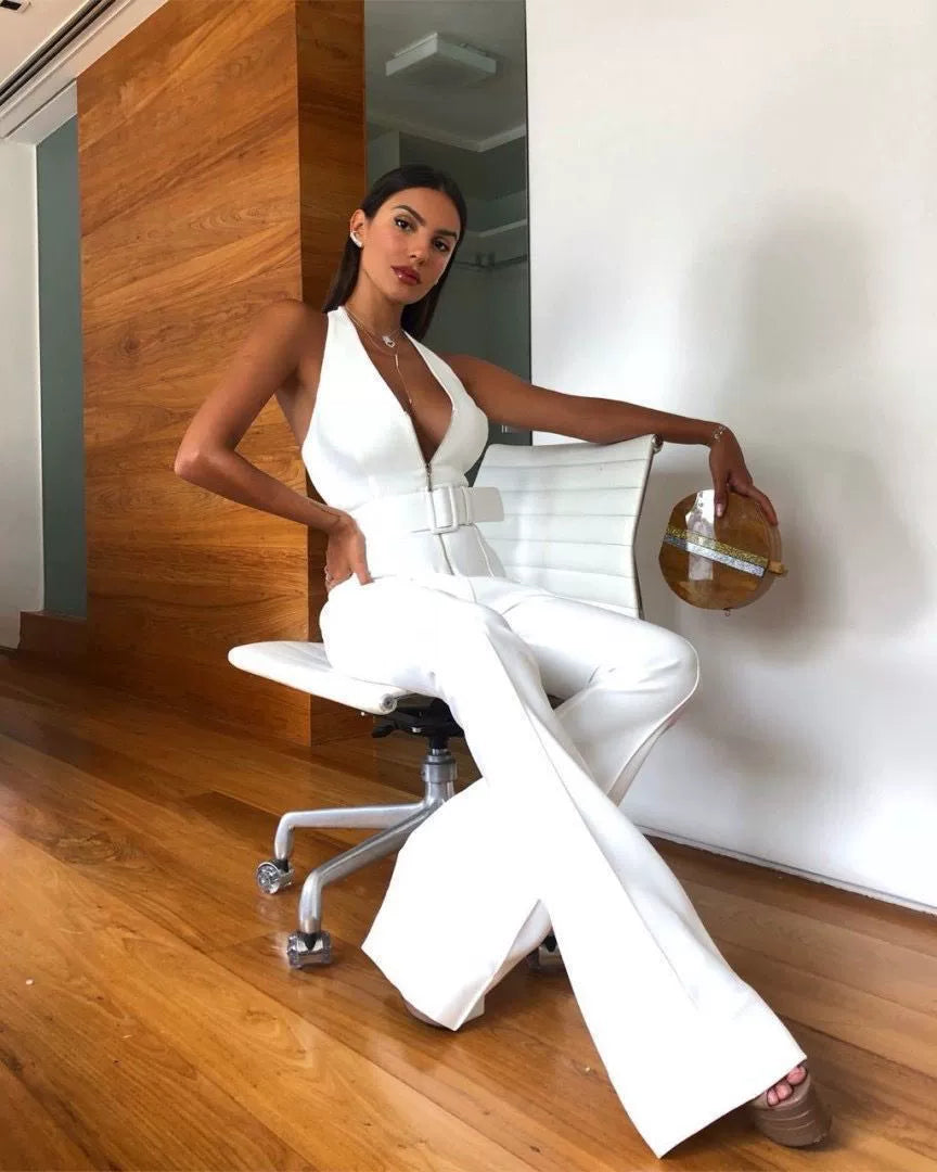 White Belt Jumpsuit Sleeveless Belt Elegant Halter White Jumpsuit Fashion Pants Suit Women