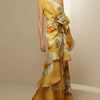 French Style Retro Elegant Waist Trimming Casual Print Sloping Shoulder Dress Printed One Shoulder Dress