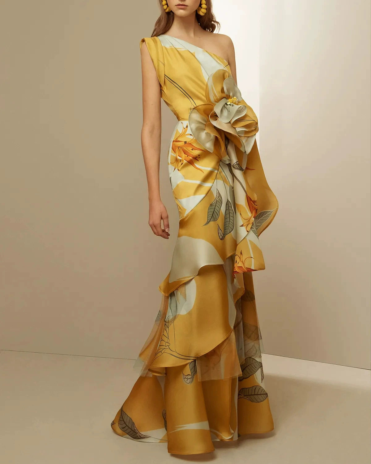 French Style Retro Elegant Waist Trimming Casual Print Sloping Shoulder Dress Printed One Shoulder Dress