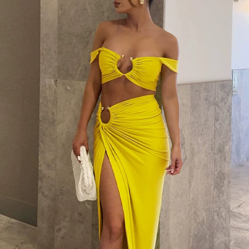 Fashion Pure Desire Style 2024 Spring and Summer New Sexy Pure Color Sling Bandeau Slim-Fit Fold Split Skirt Suit