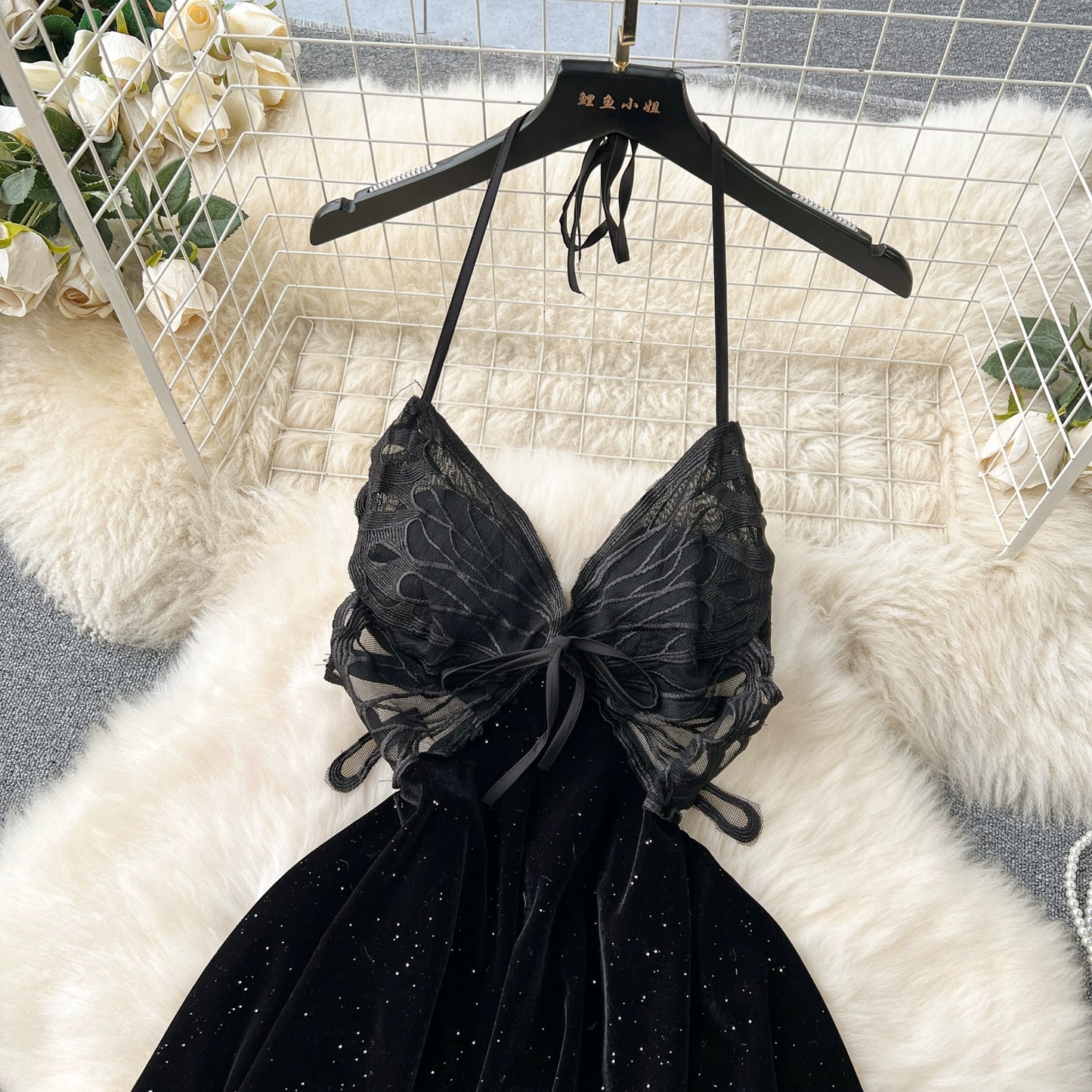 CHILLGIO Women Butterfly Velour Glitter Spaghetti Strap Sexy Fashion Backless Nightie Erotic Irregular A Line Pajamas Sundress