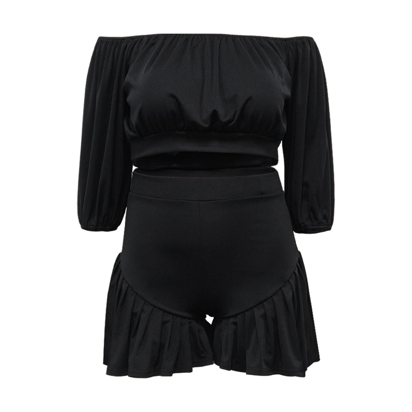CM.YAYA Plus Size Women's Set Long Sleeve Slash Neck T-Shirt and Shorts 2025 Summer Ruched Two 2 Piece Set Outfits Tracksuit