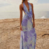 Sylcue Wizard of Oz Elegant Retro Tie-Dyed Fresh Print Deep V-neck Halter Dress Waist-Slimming Long Dress Summer