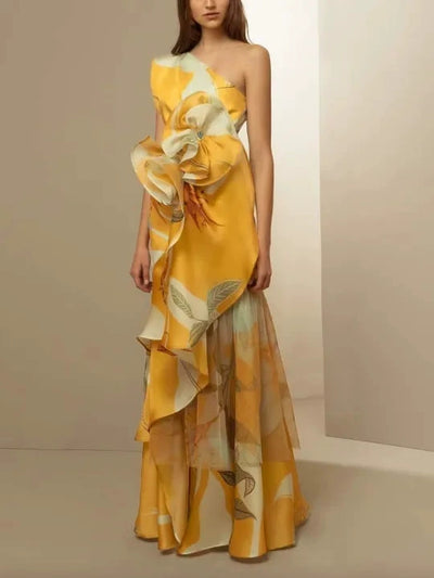 French Style Retro Elegant Waist Trimming Casual Print Sloping Shoulder Dress Printed One Shoulder Dress