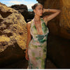 Sylcue Wizard of Oz Elegant Retro Tie-Dyed Fresh Print Deep V-neck Halter Dress Waist-Slimming Long Dress Summer