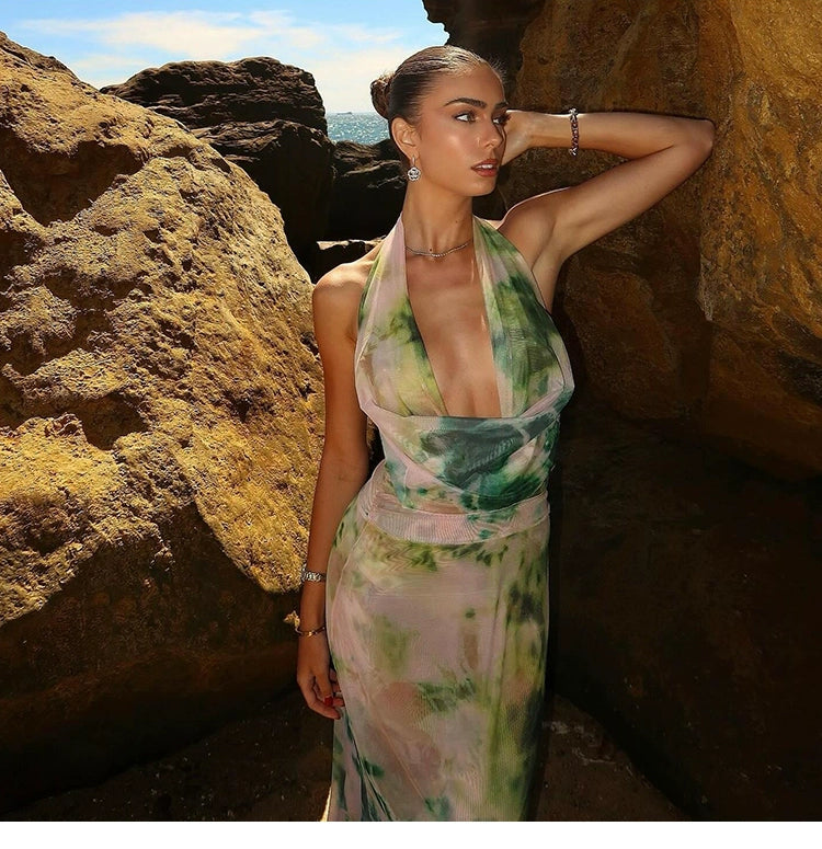 Sylcue Wizard of Oz Elegant Retro Tie-Dyed Fresh Print Deep V-neck Halter Dress Waist-Slimming Long Dress Summer