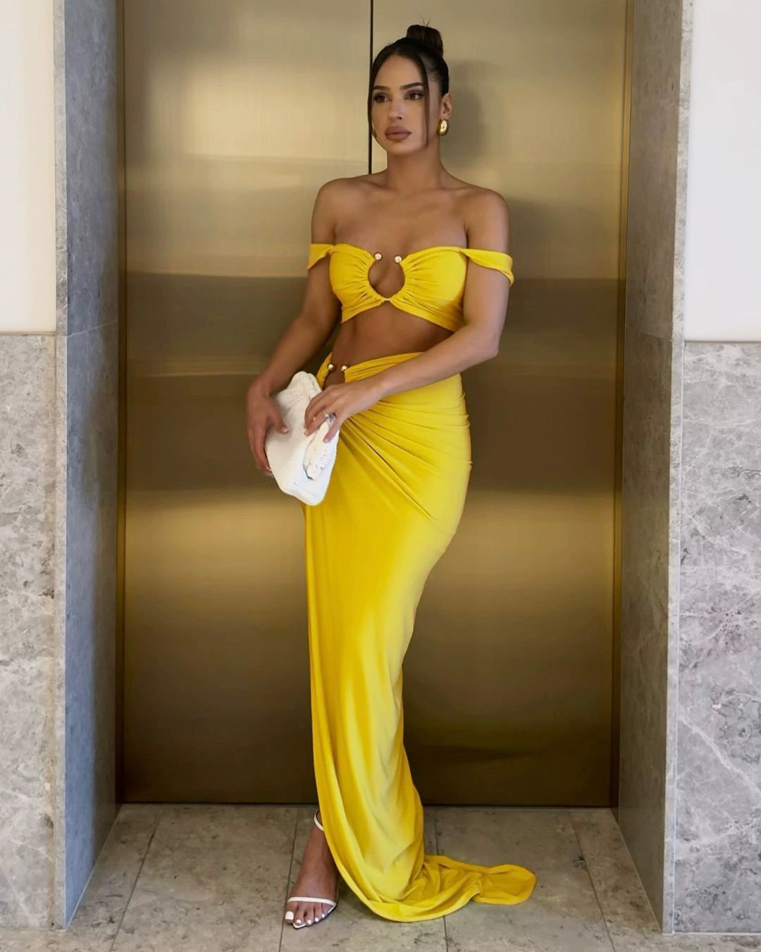 Fashion Pure Desire Style 2024 Spring and Summer New Sexy Pure Color Sling Bandeau Slim-Fit Fold Split Skirt Suit