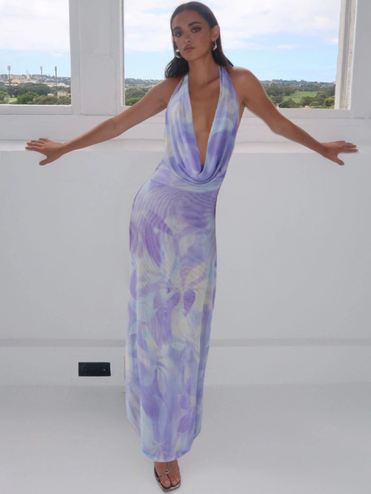 Sylcue Wizard of Oz Elegant Retro Tie-Dyed Fresh Print Deep V-neck Halter Dress Waist-Slimming Long Dress Summer
