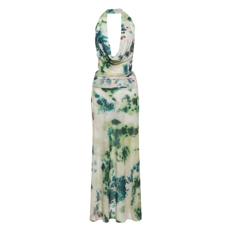 Sylcue Wizard of Oz Elegant Retro Tie-Dyed Fresh Print Deep V-neck Halter Dress Waist-Slimming Long Dress Summer