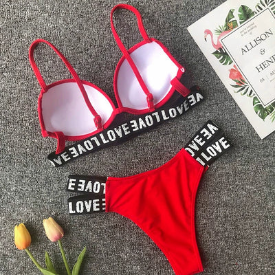 New Sexy Print English Letter Bikini with Steel Bracket Black Sports Separates Swimsuit Three-Point Red