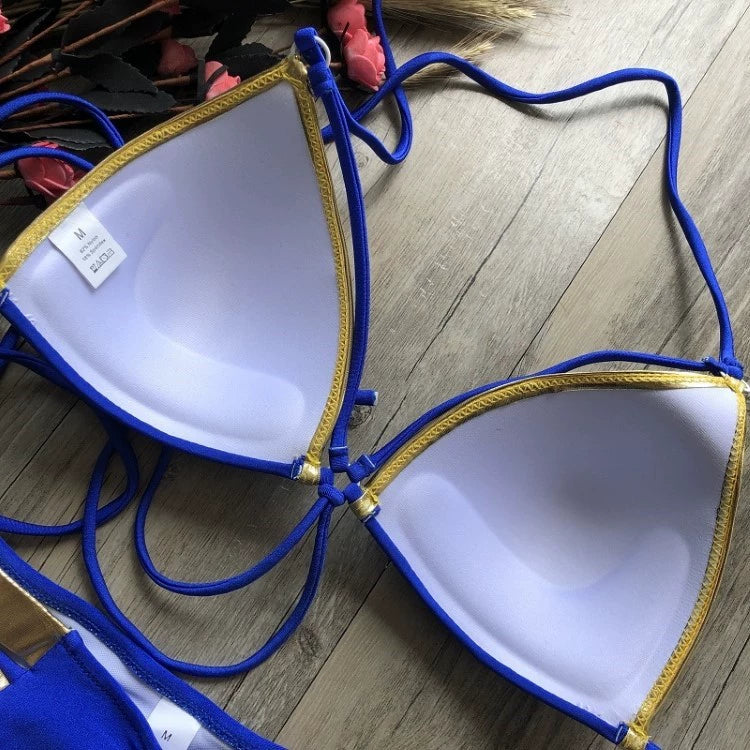 2023 New Arrival Nylon Triangle Bronzing Patchwork Bikini Lady Sexy Swimwear Swimsuit Export Bikini 8 Colors