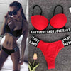 New Sexy Print English Letter Bikini with Steel Bracket Black Sports Separates Swimsuit Three-Point Red
