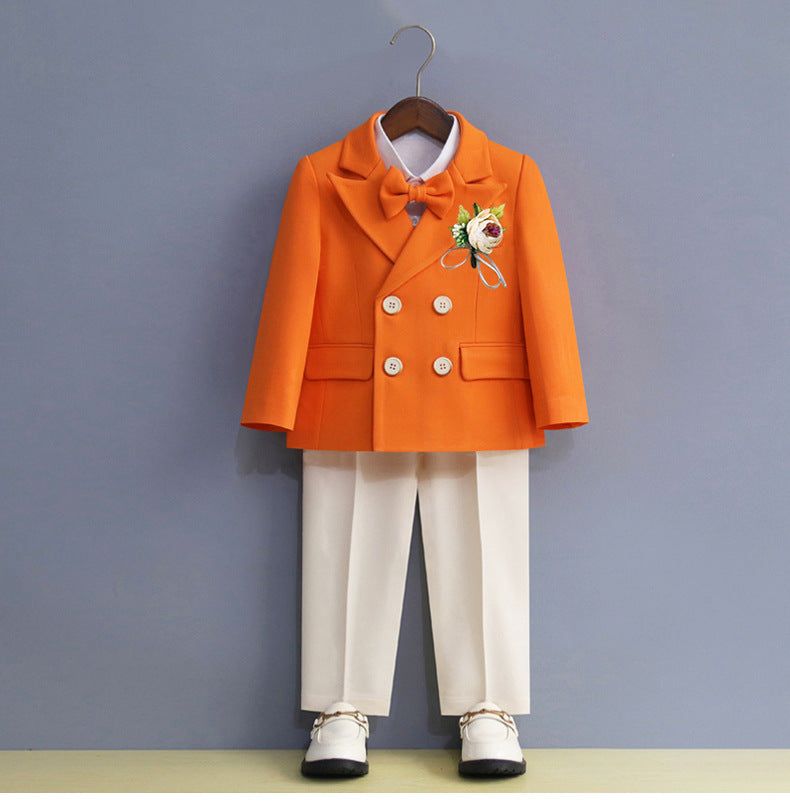 Boys Royal Blue Orange Suit For Wedding Kids Jacket Pants Bowtie Flower 4PCS Ceremony Tuxedo Dress Children Photograph Costume