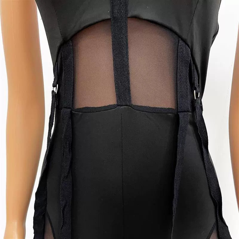 European and American Women's Clothing See-through Sexy Suspender Mesh Jumpsuit