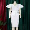 CM.YAYA Women Short Sleeve V-neck Belt High Waist Midi Dress 2025 Summer Africa OL Work Evening Sexy Party Dresses Vestidos