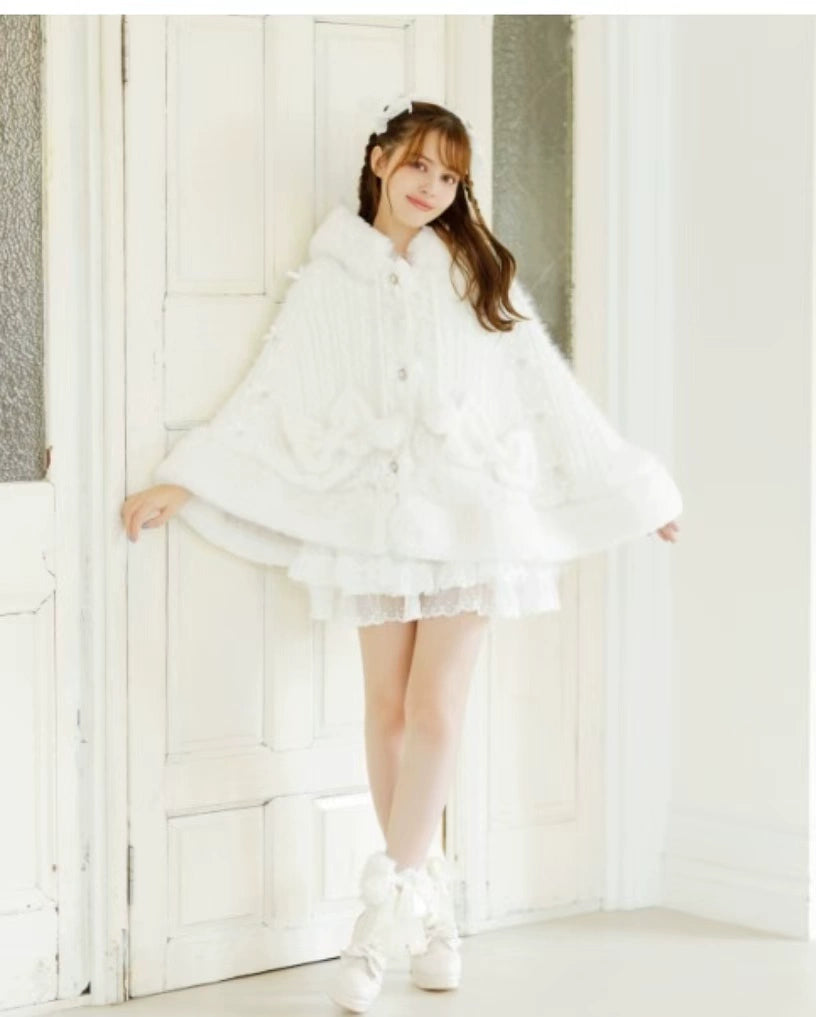 Japanese Liz Sweet Princess Faux Rabbit Fur Cape Coat Women Autumn Winter Fur Jacket Loose Clock Rhinestone Bow Hooded Coat