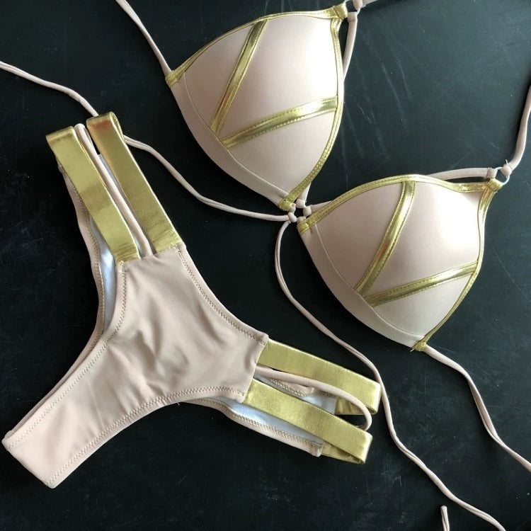 2023 New Arrival Nylon Triangle Bronzing Patchwork Bikini Lady Sexy Swimwear Swimsuit Export Bikini 8 Colors