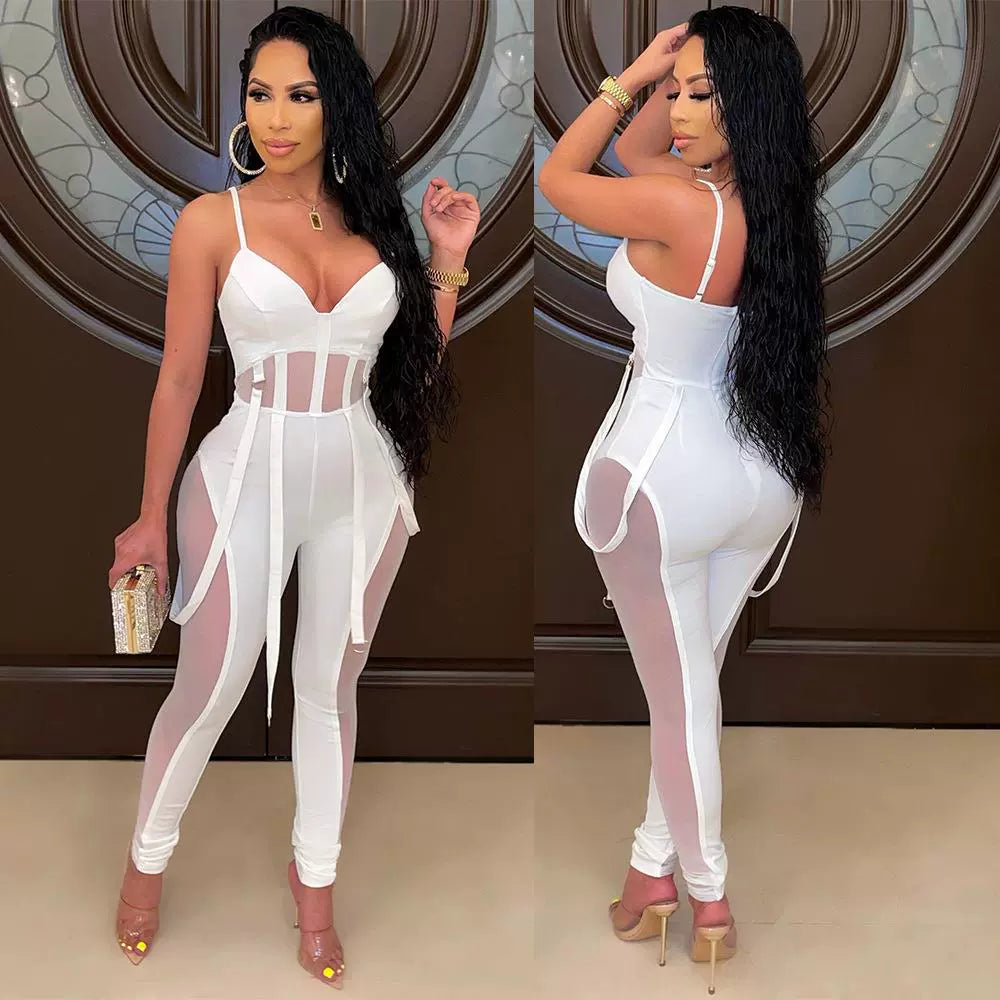 European and American Women's Clothing See-through Sexy Suspender Mesh Jumpsuit