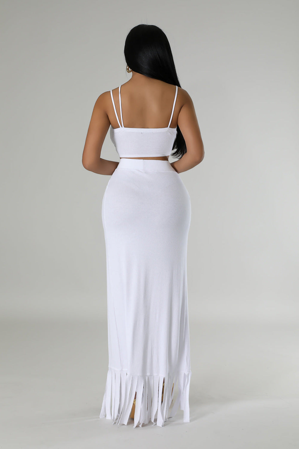 CM.YAYA Summer Women Sets Sleeveless Sexy Strap Crop Top and Tassel Long Skirt Sets Night Club Party Beach 2 Two Piece Sets
