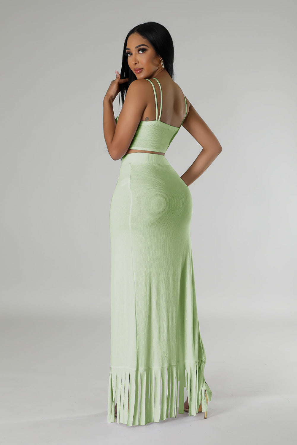 CM.YAYA Summer Women Sets Sleeveless Sexy Strap Crop Top and Tassel Long Skirt Sets Night Club Party Beach 2 Two Piece Sets