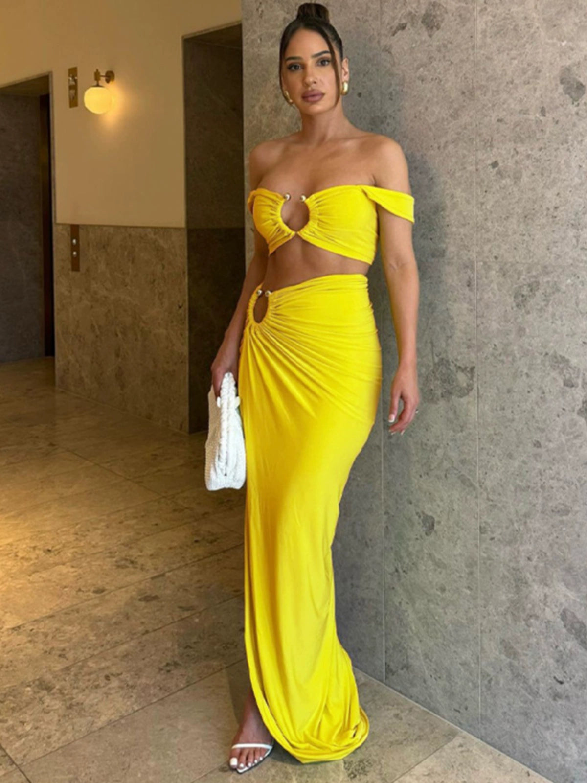 Fashion Pure Desire Style 2024 Spring and Summer New Sexy Pure Color Sling Bandeau Slim-Fit Fold Split Skirt Suit