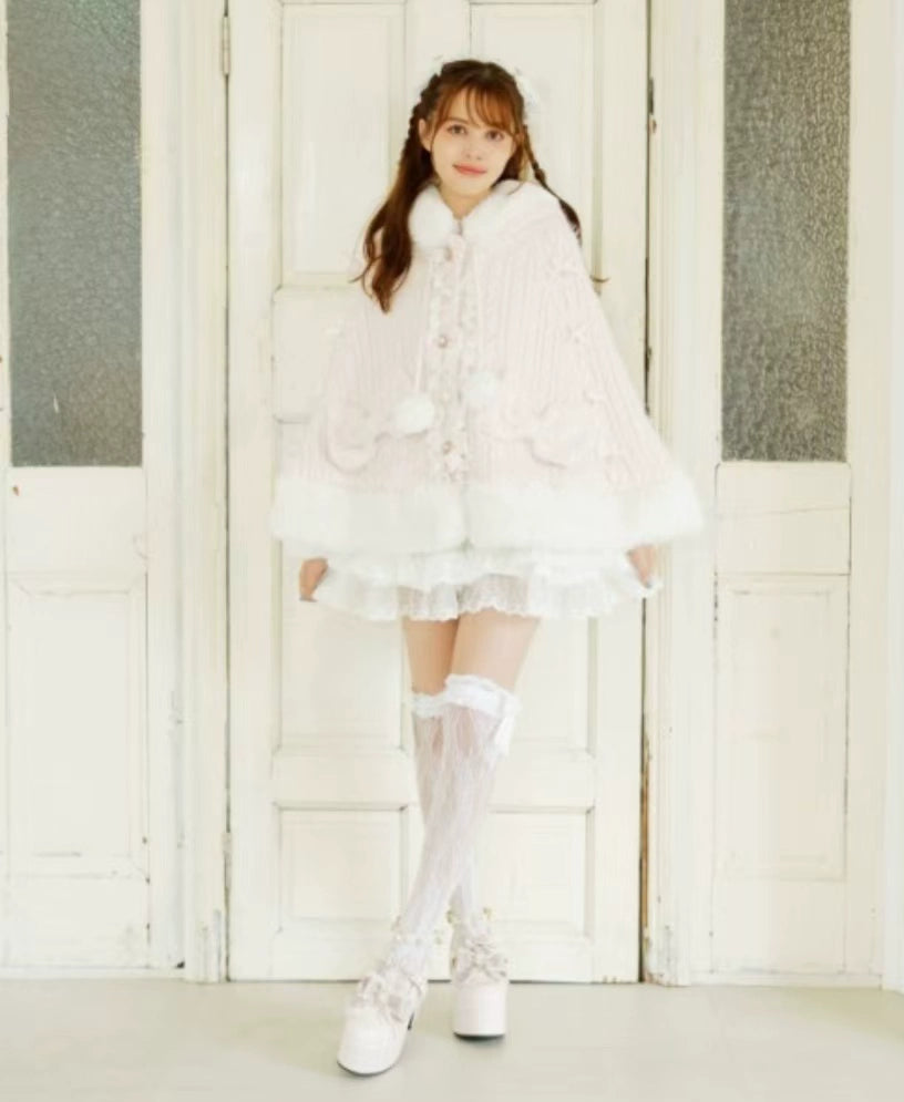 Japanese Liz Sweet Princess Faux Rabbit Fur Cape Coat Women Autumn Winter Fur Jacket Loose Clock Rhinestone Bow Hooded Coat