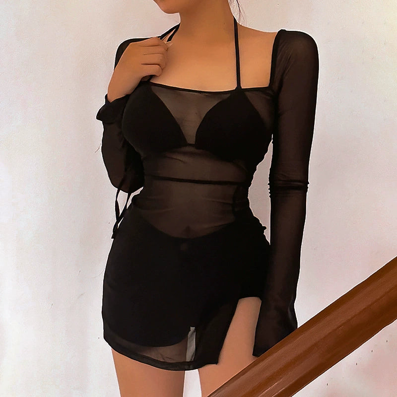 Transition Sexy Zone Black Sheer Mesh Sexy Temperament Split Long Dress Hot Spring Bikini Blouse Pure Desire Style