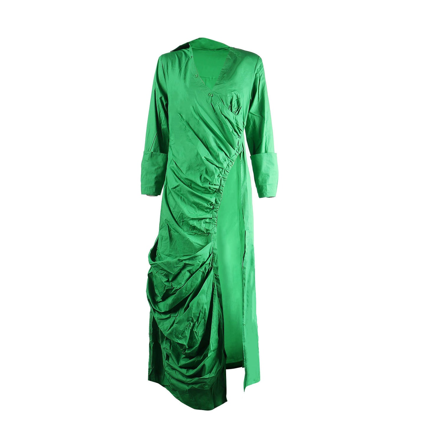 CM.YAYA Vintage Women Long Sleeve High Side Split Ruched Up Wrap Lapel Collar White Maxi Long Dress Fashion Street Dresses