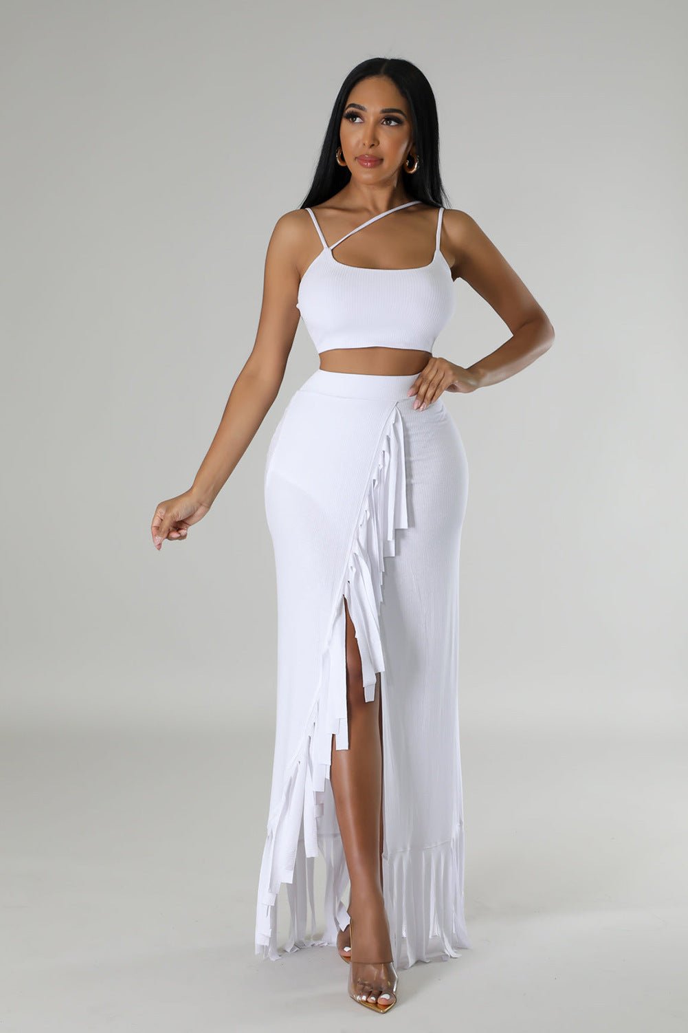 CM.YAYA Summer Women Sets Sleeveless Sexy Strap Crop Top and Tassel Long Skirt Sets Night Club Party Beach 2 Two Piece Sets