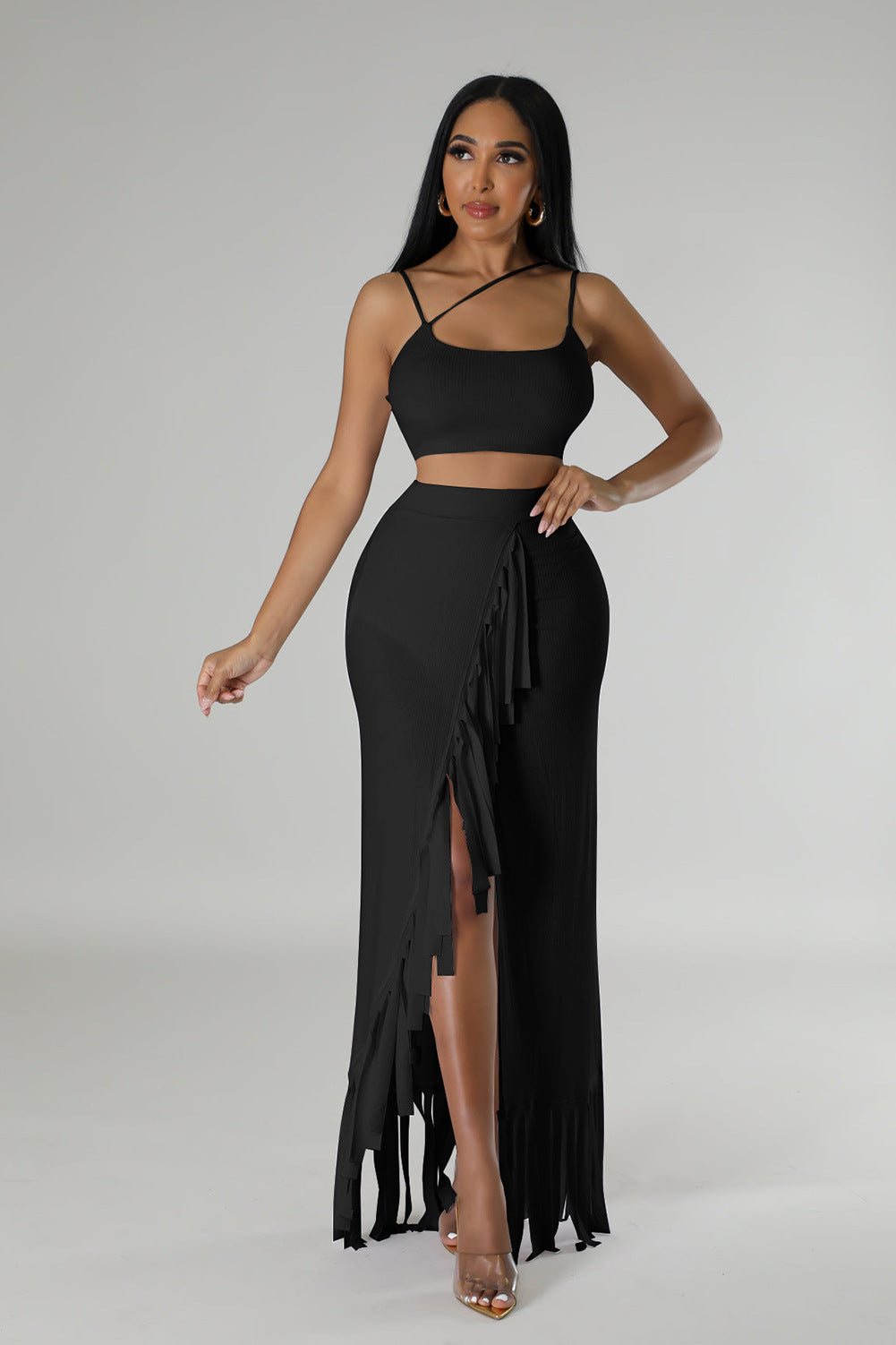 CM.YAYA Summer Women Sets Sleeveless Sexy Strap Crop Top and Tassel Long Skirt Sets Night Club Party Beach 2 Two Piece Sets
