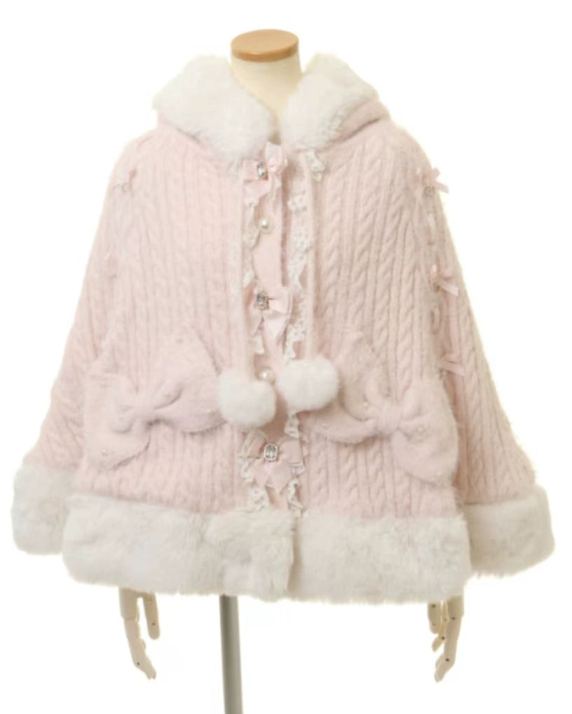 Japanese Liz Sweet Princess Faux Rabbit Fur Cape Coat Women Autumn Winter Fur Jacket Loose Clock Rhinestone Bow Hooded Coat