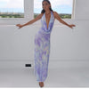 Sylcue Wizard of Oz Elegant Retro Tie-Dyed Fresh Print Deep V-neck Halter Dress Waist-Slimming Long Dress Summer